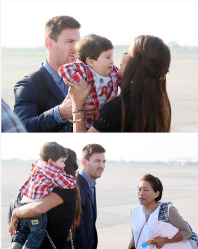 Tại phi trường, bạn gái Fabregas giúp Messi dỗ dành và bế nhóc Thiago.